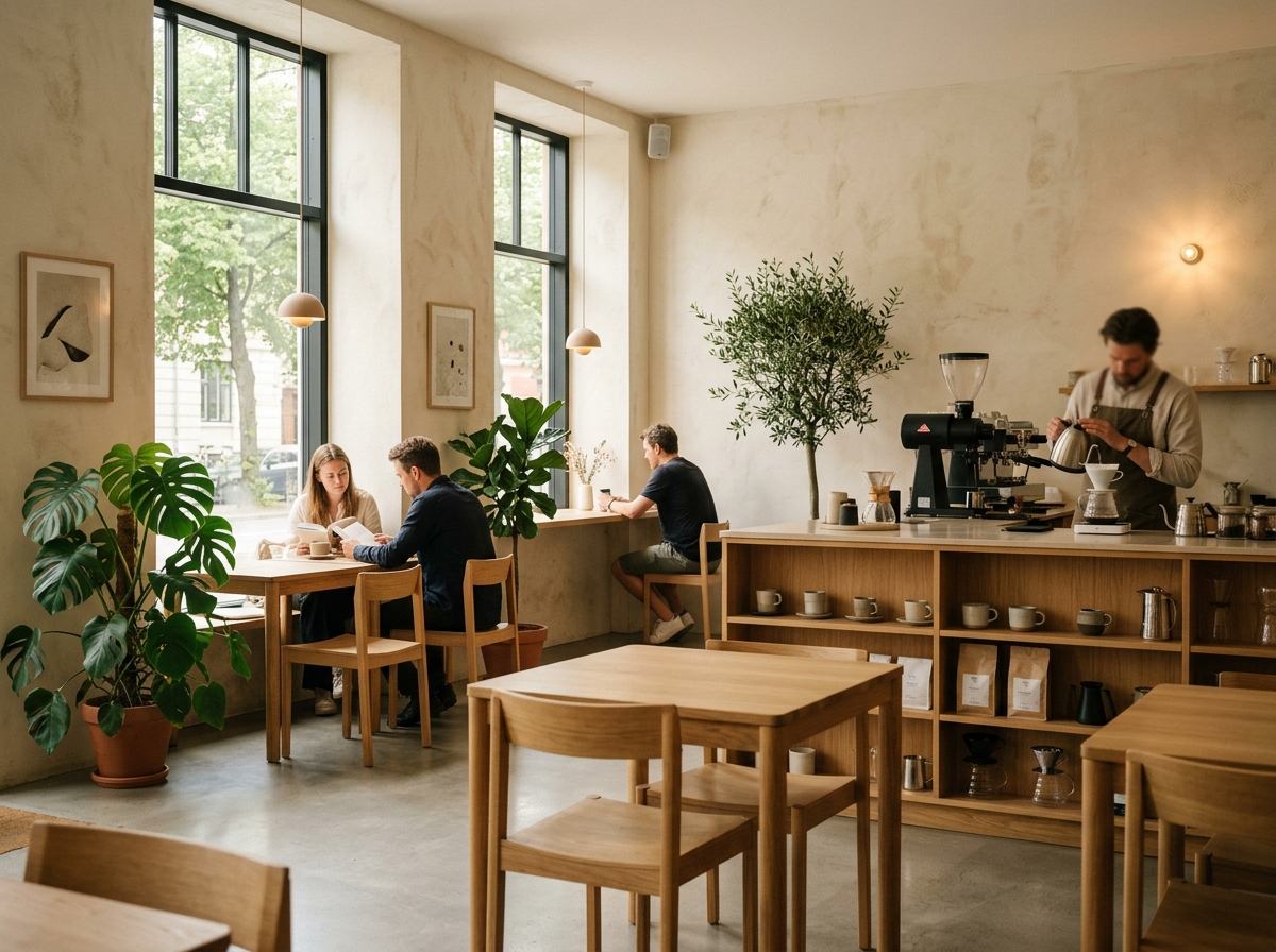 Interiorismo cálido de la cafetería con mesas de madera, luz natural y plantas de interior
