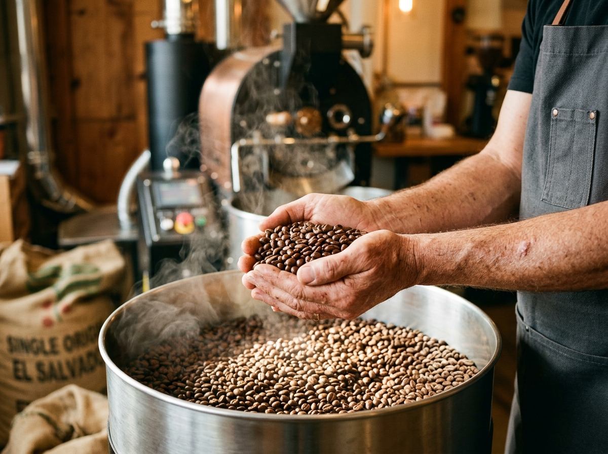 Maestro tostador seleccionando granos de café de especialidad recién tostados